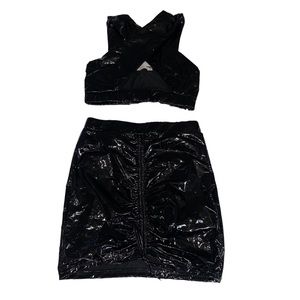 Wildcat fashion wildcat ruched rave patent shiny skirt cross front bra top set